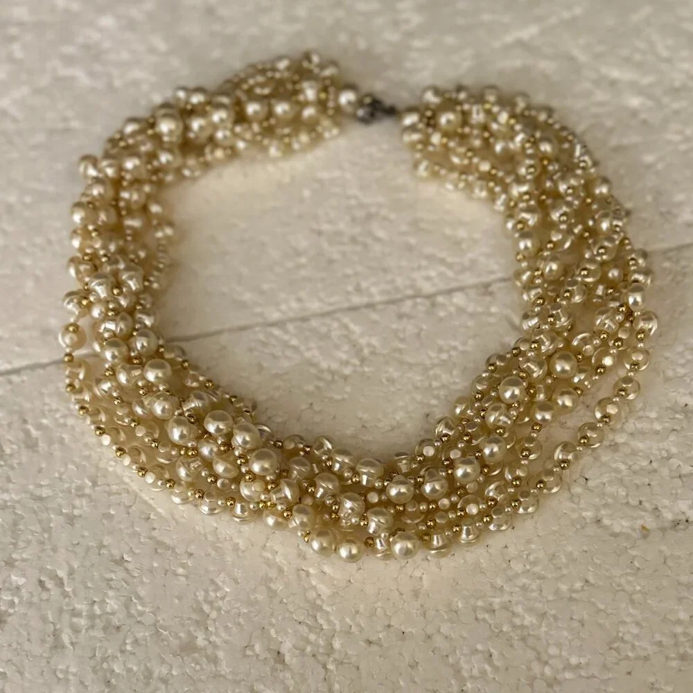 Pearl & Gold Beads 6-strand Necklace Chic Wardrobe Staple Timeless Dressy Paris